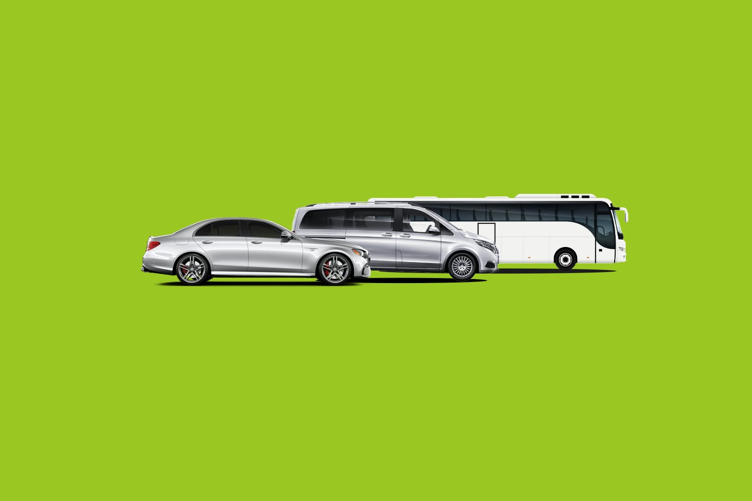 Two vehicles, a limousine and a coach bus, on a green background